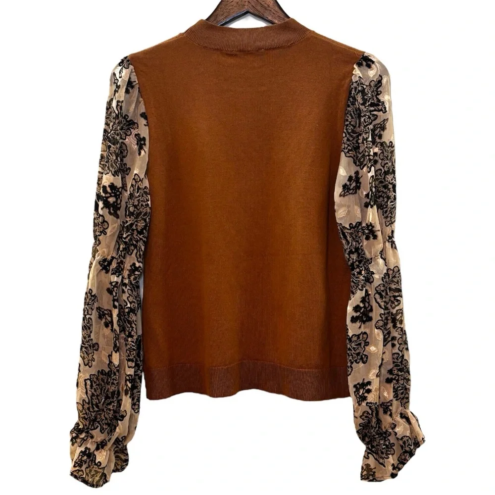 Hailey & Co Sweater with Jacquard Organza Sleeves Brown Black Size Medium